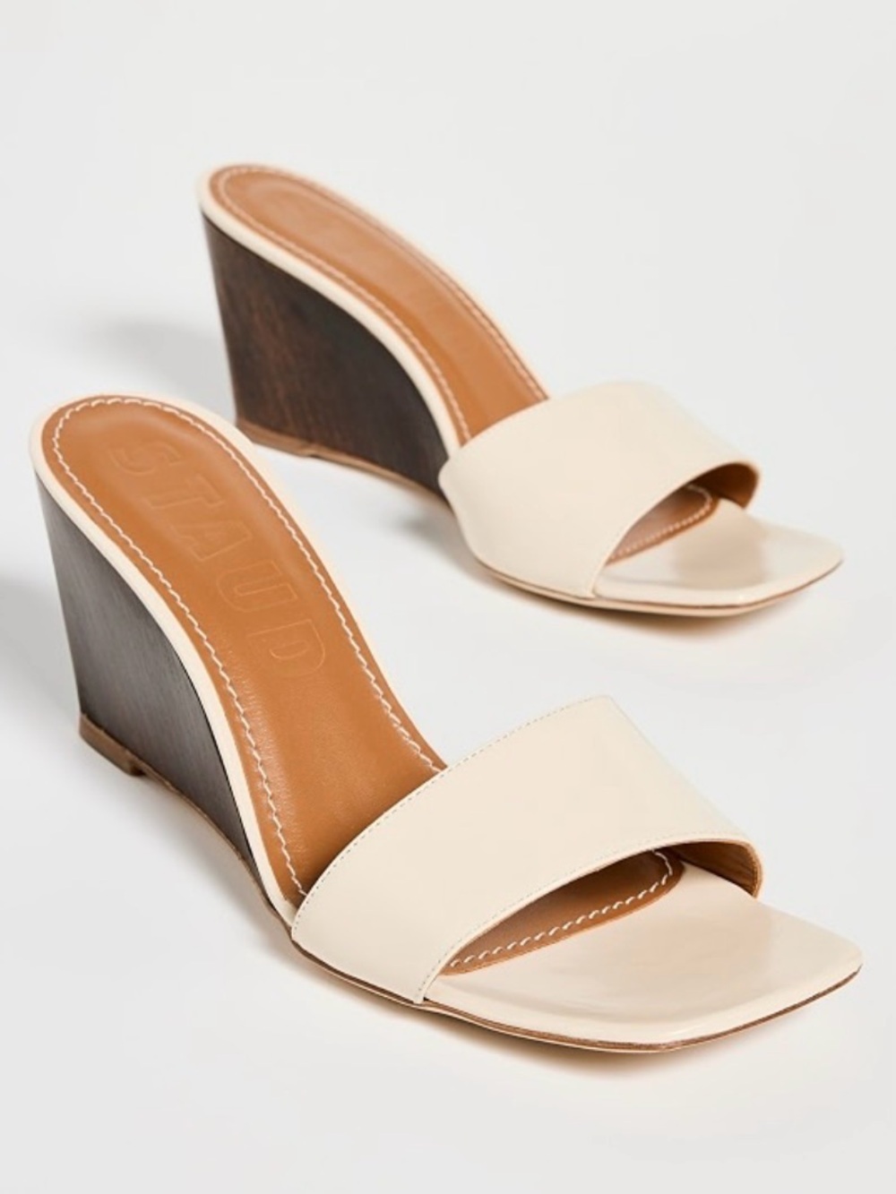 STAUD Billie Wedge Sandals in Cream and Wood